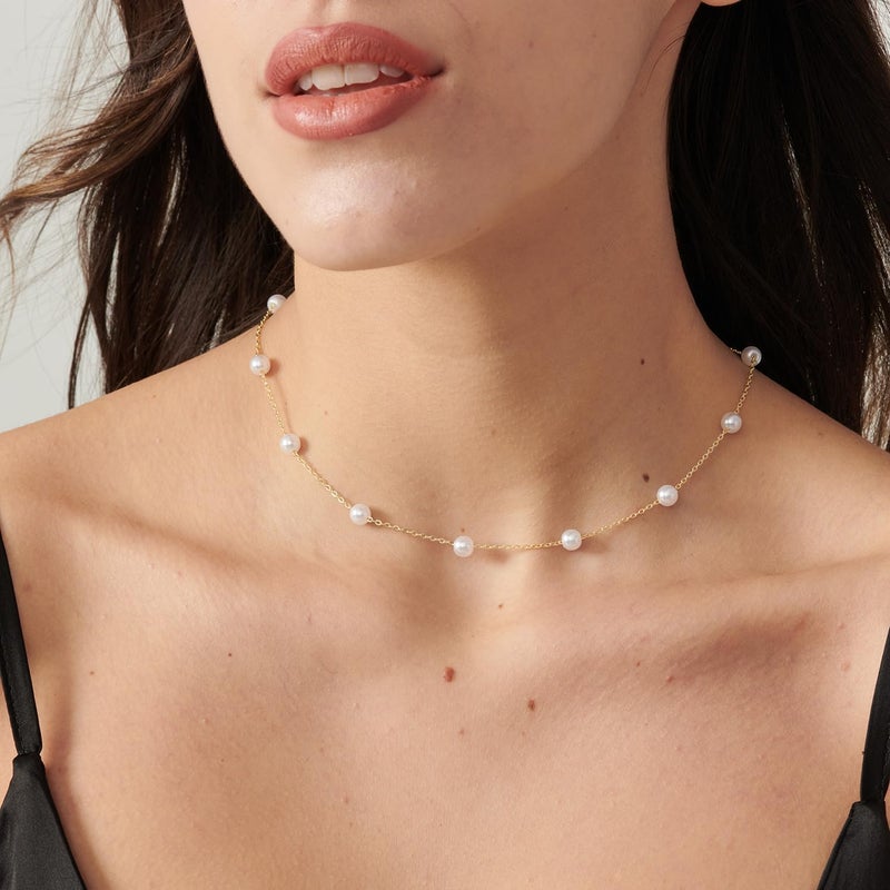 PRTGL Store Pearl Necklace: 14K Gold-Plated/White Gold-plated Pearl Necklace for Women 16.5” + 2” - Image 2